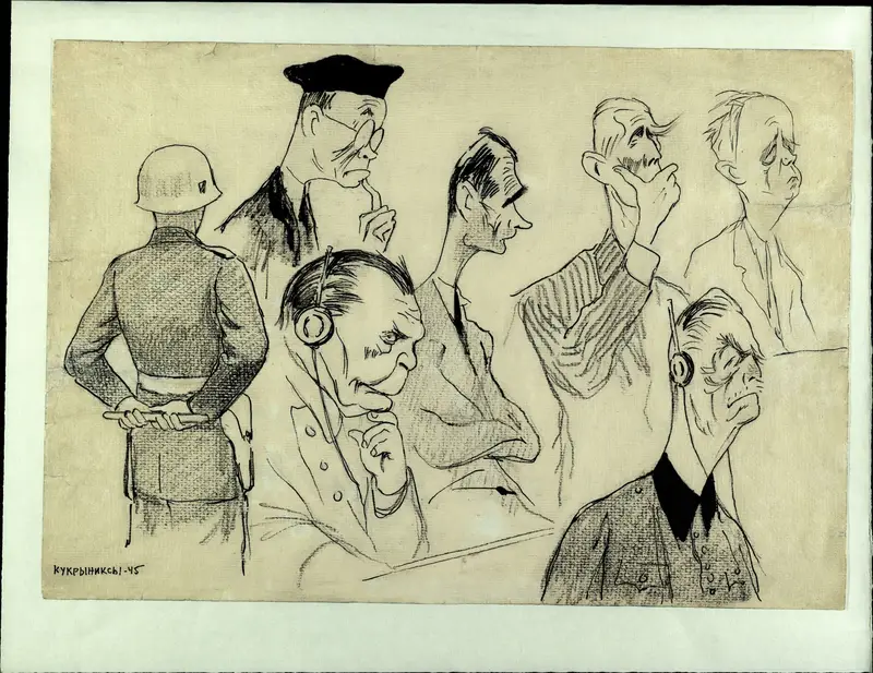 Из фондов Музея Победы: Кукрыниксы. Карикатура. Групповая зарисовка подсудимых. 1945