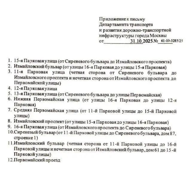 Приложение к письму Дептранса - Восточное Измайлово - Список улиц для палатных парковок