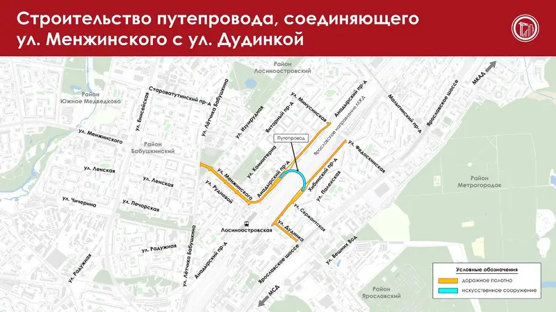 Схема улиц и нового путепровода на северо-востоке над Ярославким ЖД