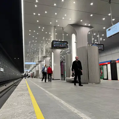 Вавиловская - Троицкая линия метро с пассажирами около рельс