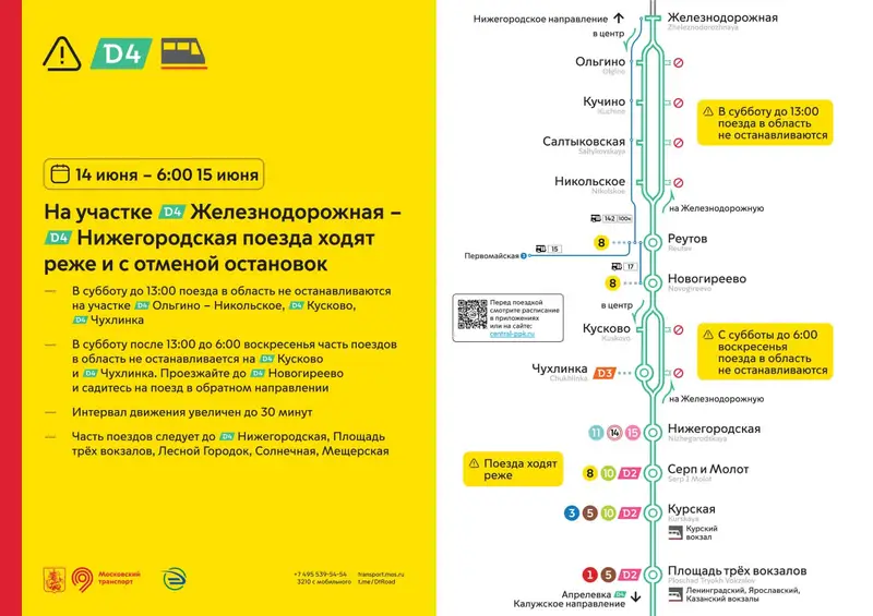 С 12 по 15 июня поезда на D4 не остановливаются на части станций