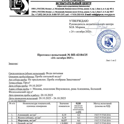 Исследование воды в Большом Федосьинском пруду - лист 1