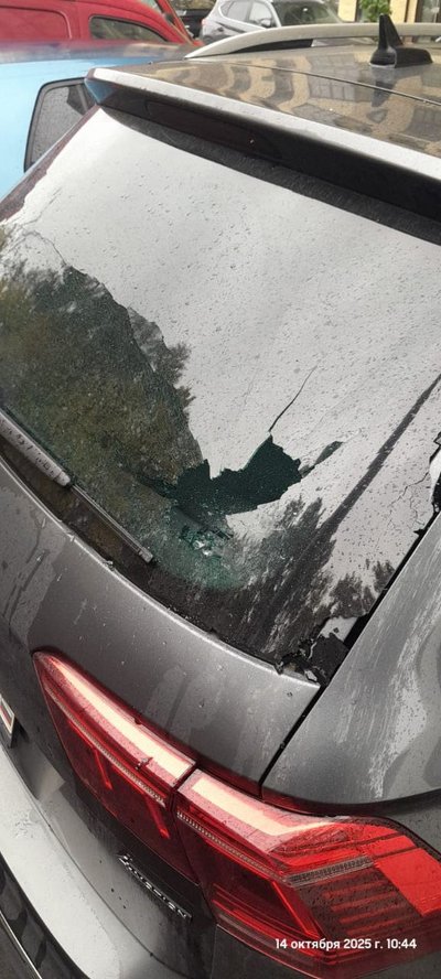 Один из автомобилей под камнем от вороны в ЖК Форест